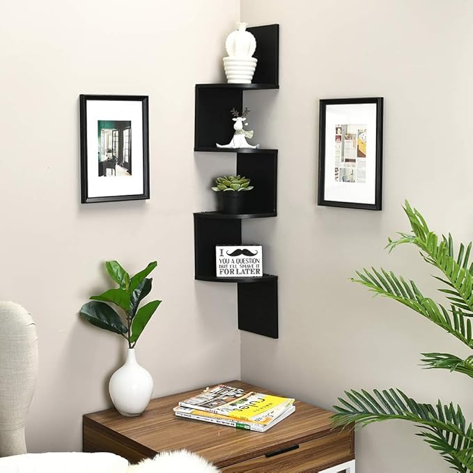 WELLAND Zig Zag 4 Tiers Black Finished Floating Shelf,Wall Mounted Corner Wall Shelf for Bed Room,Living Room,Kitchen and So on