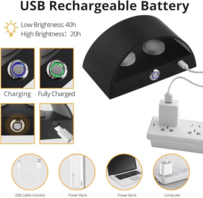 LED Wall Sconce Battery Operated, Modern Aluminum Wall Mount Light Rechargeable, Touch Control Dimmable Wall Lamp Black, Up Down Wall Lights Indoor for Living Room Bedroom Hallway Stair, Warm White
