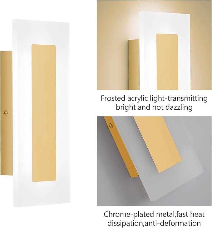 LMQNINE Modern LED Acrylic Gold Wall Sconce Warm White Light 3000K for Bedroom Corridor Stairs Bathroom Indoor Lighting Fixture Lamps Home Room Decor (2-Pack)…