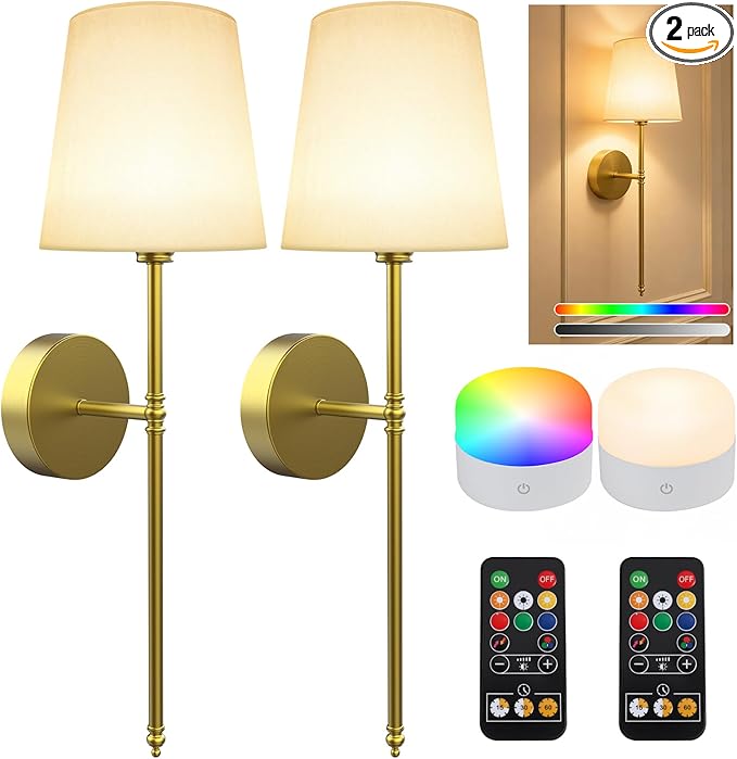 Battery Operated Wall Sconces Set of 2, Rechargeable Wireless Wall Lights with Remote, RGB Dimmable Wall Lamp for Bedroom Wall Decor Living Room Hallway (Gold)