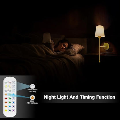 Battery Operated Wall Sconce Set of 2, Wireless Wall Sconce with Rechargeable Bulbs and Remote, 15 Colors & Dimmable, Gold Sconces Wall Decor for Bedroom Living Room Hallway