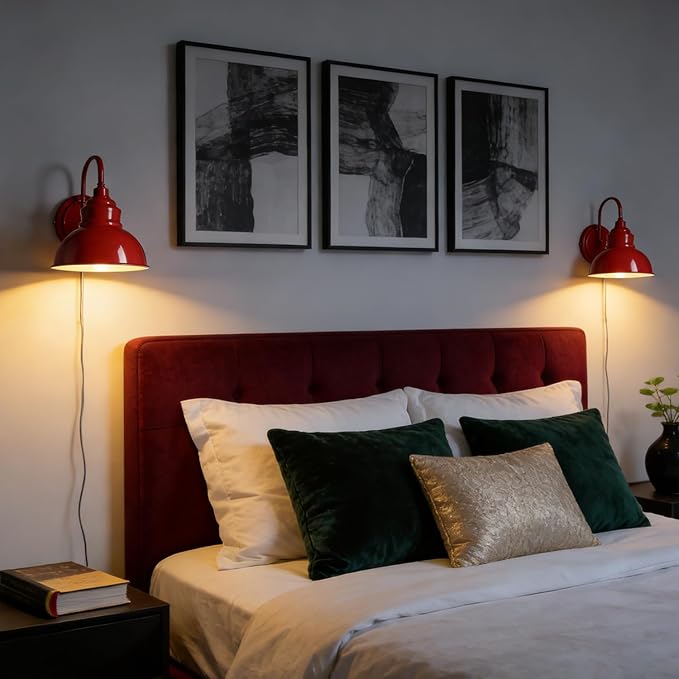 Modern Red Wall Sconce Plug-in or Hardwired Gooseneck Wall Light with On-Off Switch for Bar Bedroom Living Room Dining Room