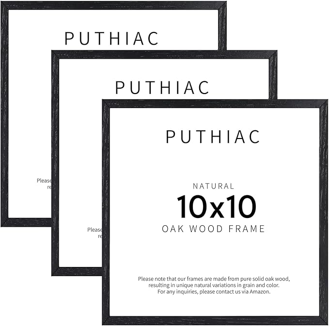 puthiac 10x10 Solid Oak Wood Picture Frame, Fits 6x6 with Mat or 10x10 Without Mat, Wall Display Only, Plexi Front, 3 Pack, Black