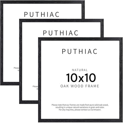 puthiac 10x10 Solid Oak Wood Picture Frame, Fits 6x6 with Mat or 10x10 Without Mat, Wall Display Only, Plexi Front, 3 Pack, Black
