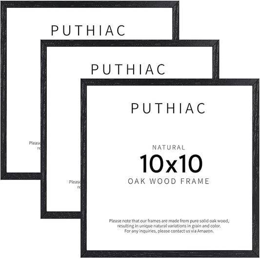 puthiac 10x10 Solid Oak Wood Picture Frame, Fits 6x6 with Mat or 10x10 Without Mat, Wall Display Only, Plexi Front, 3 Pack, Black