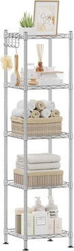 SONGMICS 5-Tier Bathroom Shelf, Storage Rack for Small Space, with 5 PP Shelf Liners, Removable Hook, Extendable Design, Silver and Translucent ULGR023S01