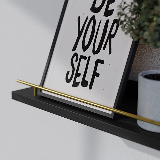 WOPITUES Floating Shelves 24 inch with Gold Metal Guardrail, Shelves for Wall Decor Set of 3, Wall Shelves for Bedroom, Bathroom, Kitchen, Living Room, Plants, Picture Frames, Art- Black and Gold