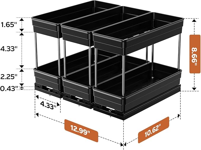 Pull Out Spice Rack Organizer for Cabinet, Slide Out Spice Racks Organizer, Easy to Install Spice Cabinet Organizers, 4.33''Wx10.62''Dx8.66''H, 3 Packs -2 Tiers (Black)