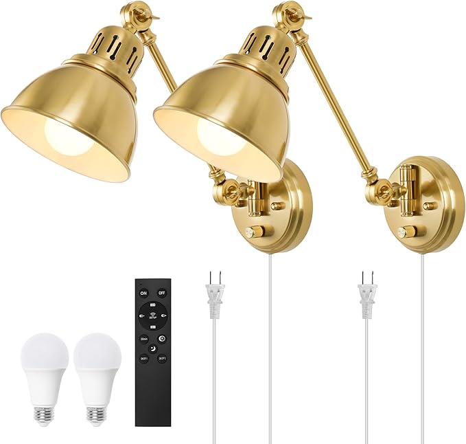 Plug in Wall Sconces Set of Two with Remote, Stepless Colors 2700K-6500K & Stepless Dimming, Premium Golden Finish, Plug in Wall Light with Night Light & Timer, LED Bulbs Included