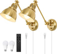 Plug in Wall Sconces Set of Two with Remote, Stepless Colors 2700K-6500K & Stepless Dimming, Premium Golden Finish, Plug in Wall Light with Night Light & Timer, LED Bulbs Included