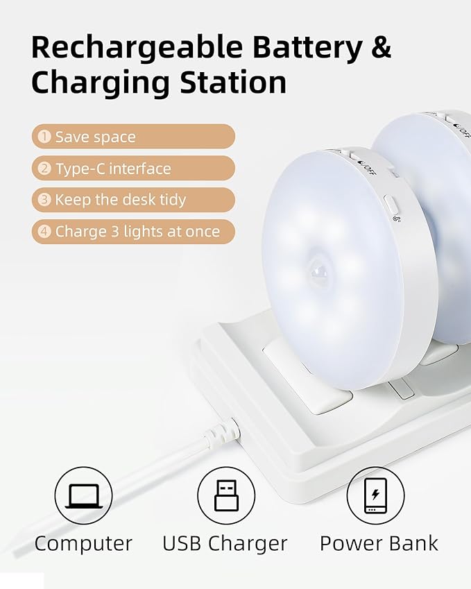 EZVALO Under Cabinet Lighting with Charging Station,1000mAh Rechargeable Puck Lights with Remote, 3 Color Temps & 12 RGB Closet Lights, Dimmable Motion Sensor Lights for Shelf, Kitchen (6 Packs)