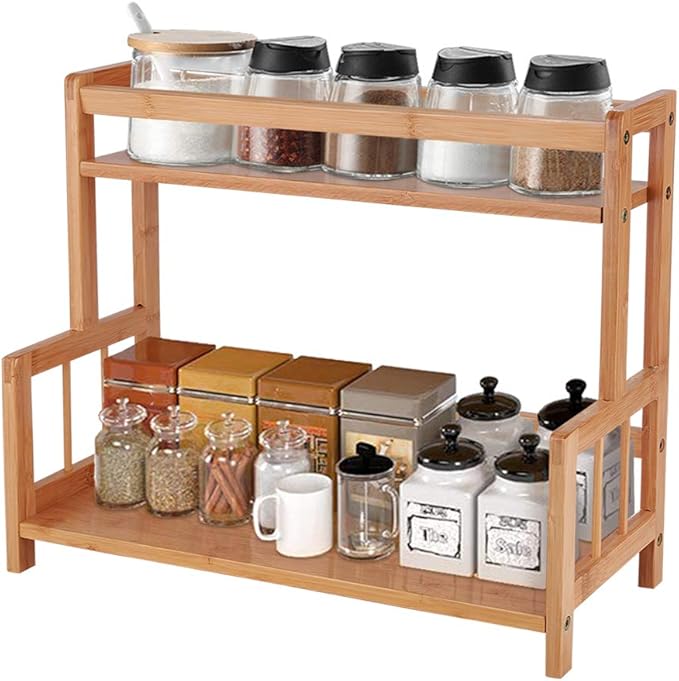 Ufine 2 Tier Bamboo Spice Rack Organizer Kitchen Countertop Storage Shelf Free Standing Holder Under Cabinet Bathroom for Various Bottles, Jars, Space Saving