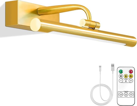 14in Picture Light,Battery Operated Picture Light,Brass,with Remote and Timer,Wall Pictures,Dimmable for Display Photo,Frame,Portrait.
