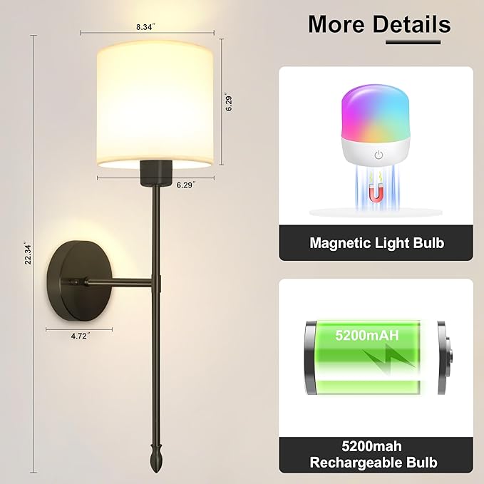 Battery Operated Wall Sconce Set of Two, 15 Colors Rechargeable Wall Lamp with Dimmable Bulbs and Remote, Black Wireless Wall Sconce for Bedroom Living Room Hallway