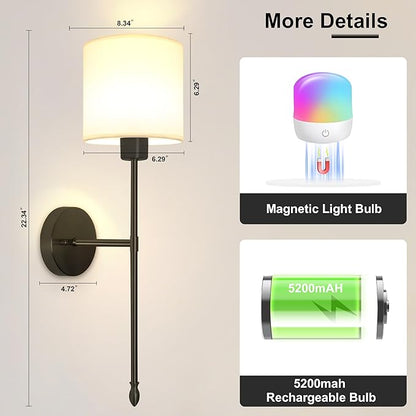 Battery Operated Wall Sconce Set of Two, 15 Colors Rechargeable Wall Lamp with Dimmable Bulbs and Remote, Black Wireless Wall Sconce for Bedroom Living Room Hallway