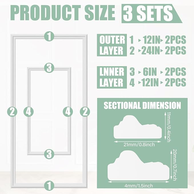 Pangda 3 Set Peel and Stick Accent Wall Molding Kit Inner and Outer Layers Style Premade Wainscoting Panels for Walls Picture Frame Molding for Home Decoration(40''x20'',Square)