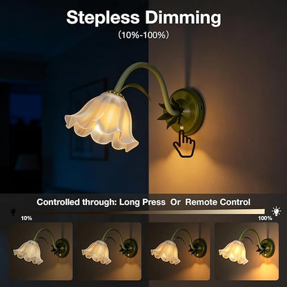 Battery Operated Cordless Flower Wall Sconce Set of 2 (Green), Stepless Dimming Magnetic Wireless Wall Lamp, 5200mAh Rechargeable Battery, for Living Room Bedroom Hallway Corridor