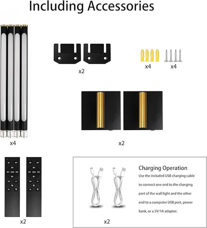 28 In Wall Sconces Set of 2 Battery Operated,10000mAh Black Gold LED Wireless USB Rechargeable Wall Light with Remote Control,360° Rotation LED Dimmable Picture Lamp for Hallway Living Room