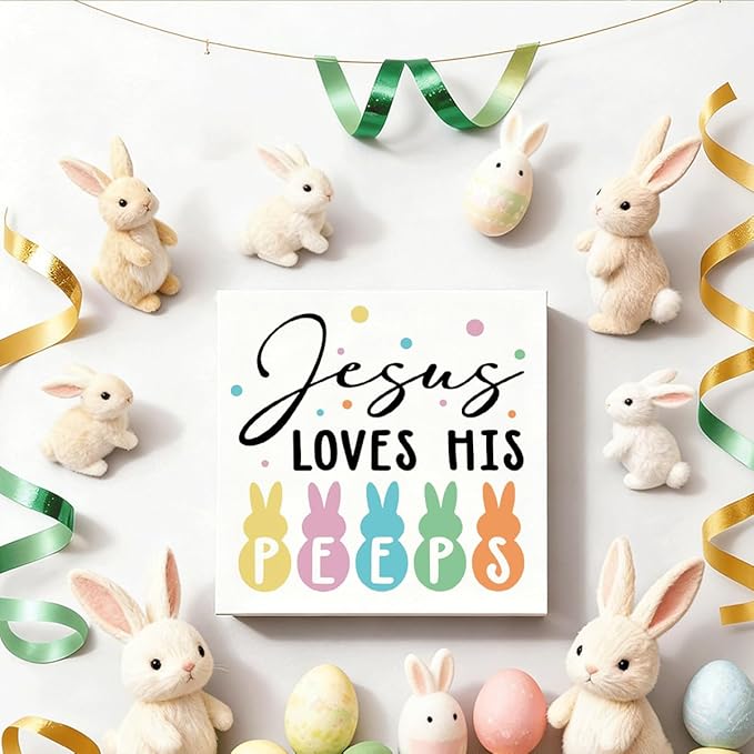 Christian Easter Decor Jesus Loves His Peeps Wooden Box Sign, Religious Bunny Easter Decorations for Home, Farmhouse Easters Desk Decorations for Office Kitchen Shelf Plaque 5x5 Inch