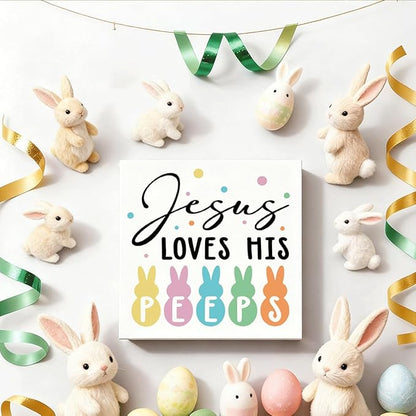 Christian Easter Decor Jesus Loves His Peeps Wooden Box Sign, Religious Bunny Easter Decorations for Home, Farmhouse Easters Desk Decorations for Office Kitchen Shelf Plaque 5x5 Inch