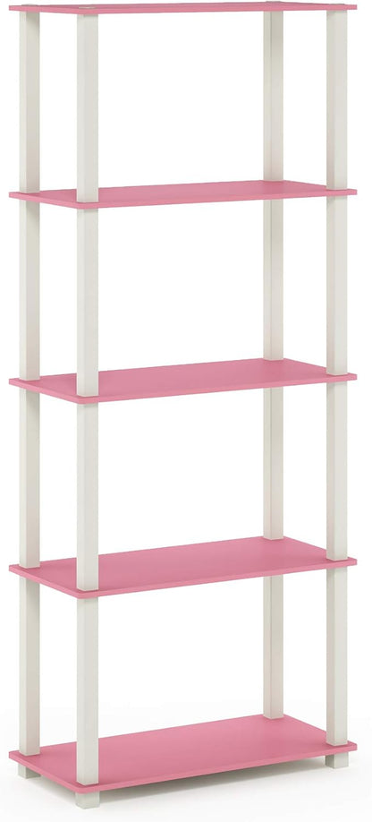 Furinno Turn-N-Tube 5-Tier Multipurpose Shelf / Display Rack / Storage Shelf / Bookshelf, Square Tubes, Pink/White