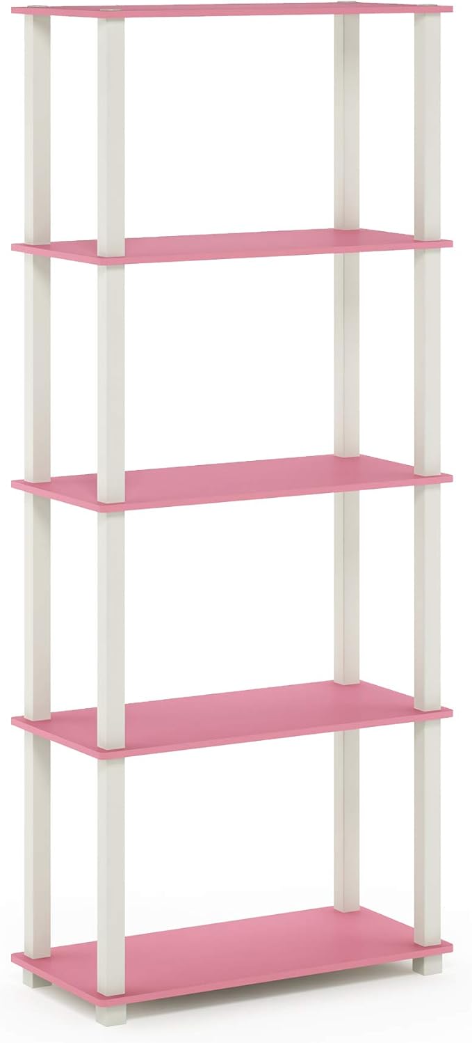 Furinno Turn-N-Tube 5-Tier Multipurpose Shelf / Display Rack / Storage Shelf / Bookshelf, Square Tubes, Pink/White
