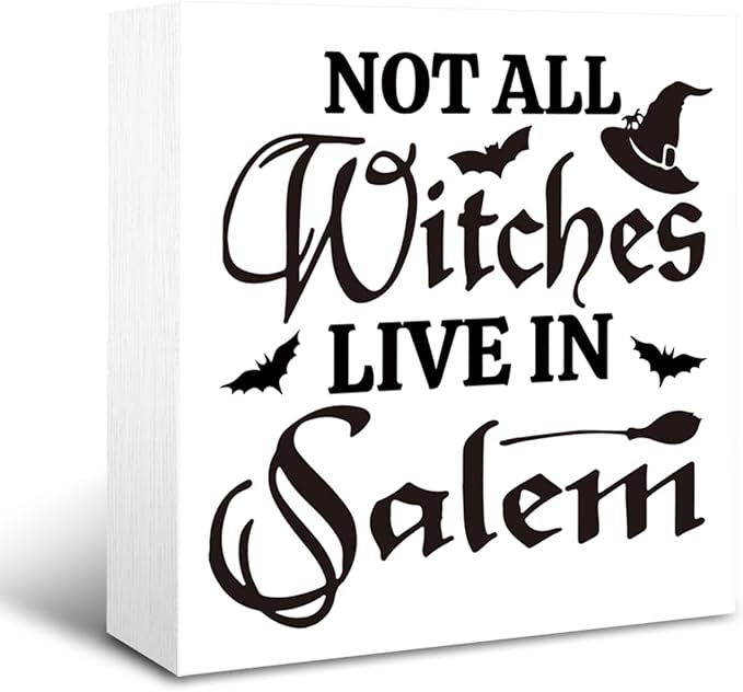 Rustic Halloween Box Sign Decor Tabletop, Halloween Party Decorations for Haunted House, Farmhouse Decor, Kitchen Decoration for Shelf, Not Every Witch Lives in Salem Sign Wooden Plaque 5 * 5inch