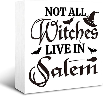 Rustic Halloween Box Sign Decor Tabletop, Halloween Party Decorations for Haunted House, Farmhouse Decor, Kitchen Decoration for Shelf, Not Every Witch Lives in Salem Sign Wooden Plaque 5 * 5inch