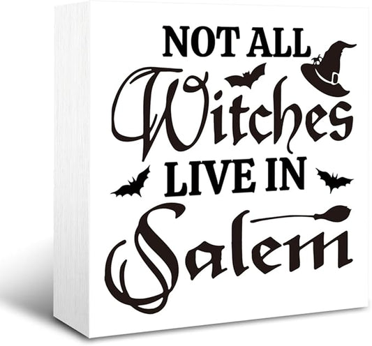 Rustic Halloween Box Sign Decor Tabletop, Halloween Party Decorations for Haunted House, Farmhouse Decor, Kitchen Decoration for Shelf, Not Every Witch Lives in Salem Sign Wooden Plaque 5 * 5inch