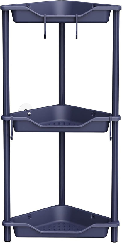 Orimade Rustproof 3 Tier Floor Standing Corner Shower Caddy Organizer, Plastic Metal Splicing Floor Corner Shelf Rack Stands for Bathroom, Bluish-Purple