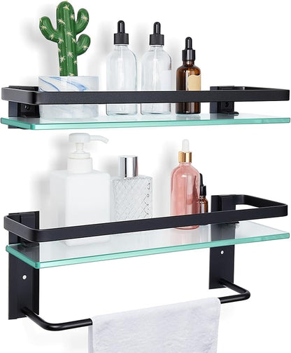Suzile Set of 2 Glass Bathroom Shelves with Bar, Wall Mounted 15.7 x 4.7 Inches, Bathroom Shelves Hanging Modern Floating Shelf Metal Stick Room Rustproof Organizer Decorative(Black)
