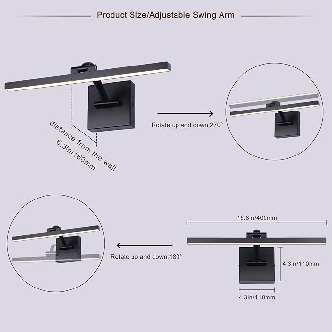 Black 15.7 Inch LED Dimmable Lights For Pictures On Wall Hard Wired Gallery Light Modern Artwork Wall Lamps, Warm White Picture Lights with Single Swing Arm Art Display Light For Paintings Portrait