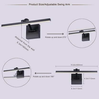 Black 15.7 Inch LED Dimmable Lights For Pictures On Wall Hard Wired Gallery Light Modern Artwork Wall Lamps, Warm White Picture Lights with Single Swing Arm Art Display Light For Paintings Portrait