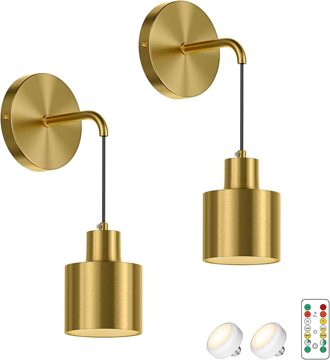 Battery Operated Wall Sconces Set of 2,Gold Wireless Wall Light Indoor Dimmable 3 Colors Non Hardwired with Remote Control(Bulbs Include)