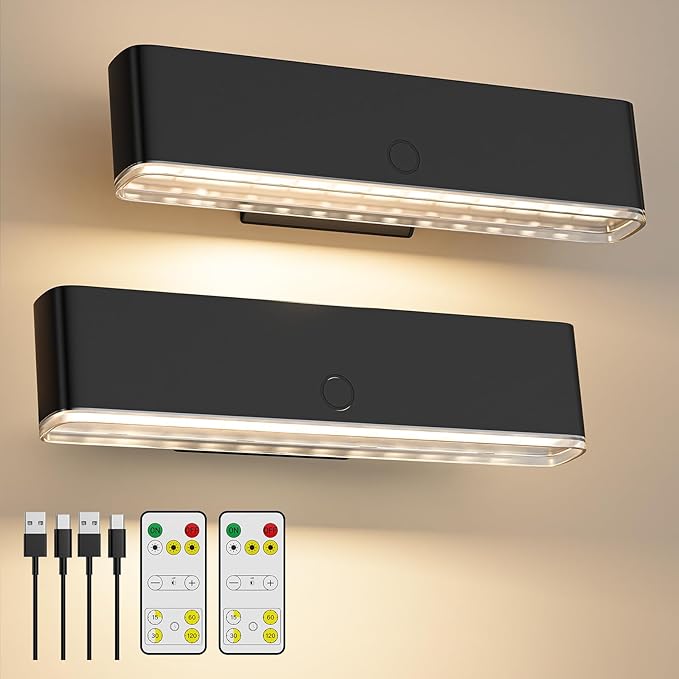 MOITA Battery Operated Wall Sconce Set of 2 Wireless Wall Lamp with Remote Control & Touch Control Rechargeable LED Wall Lights 3 Color Temperatures 360° Rotatable for Bedroom Living Room Black