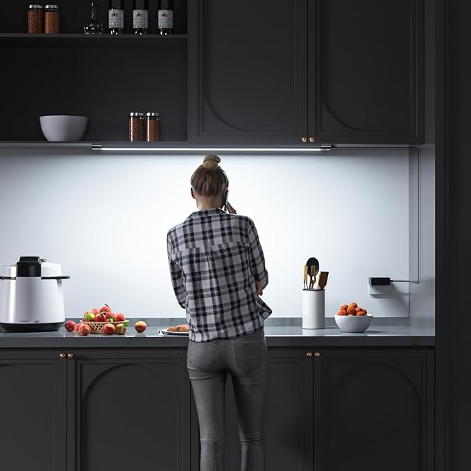 WOBANE LED Under Cabinet Lighting, 24 inch Black Cabinet Light, Hand Wave Activated, Warm White to White Color Tunable,Touchless Dimmable Panel for Kitchen,Counter,Shelf,Under Desk Lighting 1200LM