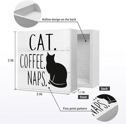 Cat & Coffee Nap Desk Sign, Rustic Wooden Block Decor for Home, Kitchen, Office - Funny Black Cat Theme