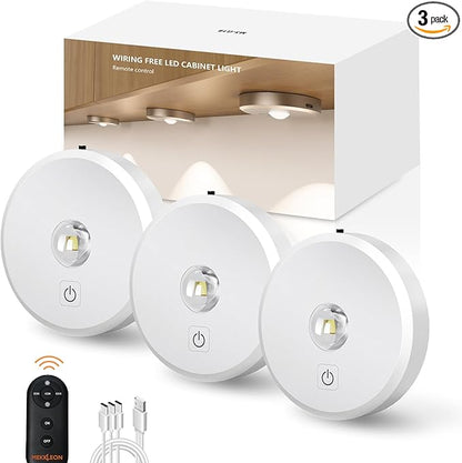 Puck Lights Cordless with Remote Control, 2200mAh Rechargeable Under Counter Lighting,3 Color Temperatures Dimmable Under Cabinet,Closet Light,Tap Light for Hallway (White, 3PCS)