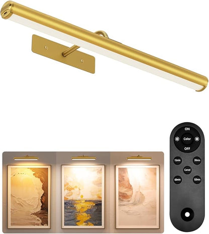 EZVALO Picture Lights for Wall, 6000mAh Rechargeable Battery 16″ Painting Light with Remote, 3 Color Temps Wireless Art Light for Gallery, Living Room, Hallway (Gold)