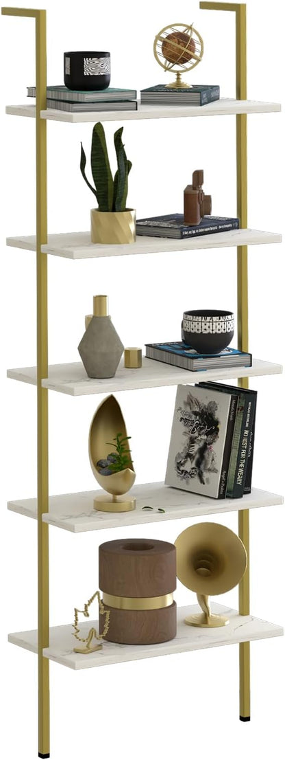 aboxoo Ladder Shelf White Marble Bookshelf 5-Tier Wall-Mounted Wood Rack Industrial Modern Plant Flower Stand Utility Organizer Open Bookcase Metal Frame Furniture Office Kitchen Bedroom