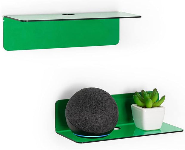 OAPRIRE Wall Mount Shelves Set of 2 for Bedroom, Bathroom, Kids Room & More - Drill Free Acrylic Shelf with Cable Clips, Waterproof Strong Adhesive, Easy to Install (Emerald)