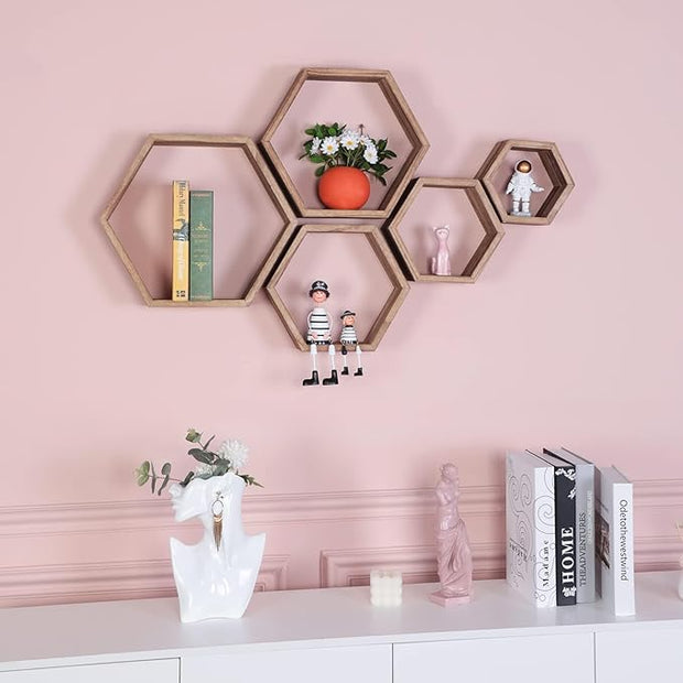 PHOENANCEE Hexagon Floating Shelves,Honeycomb Shelf Set of 5,Octagon Shelves Wall Mounted Hanging Storage Cube Wood for Bathroom Kitchen Bedroom Living Room Office Home