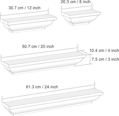 SRIWATANA White Floating Shelves, 24 Inch Solid Wood Storage Wall Shelves Set of 4 Display Ledge Shelves Decor for Bedroom, Living Room, Bathroom, Kitchen - White