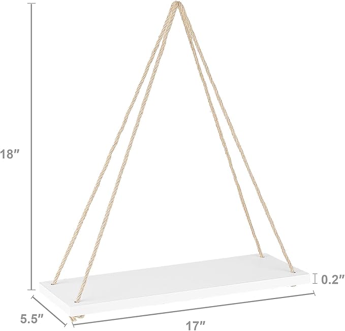 Mkono Wood Hanging Shelves for Wall Boho Decor Swing Rope Rustic Floating Shelf, Set of 3 Wall Display Shelving Home Organizer Rack for Living Room Bedroom Bathroom Kitchen,White