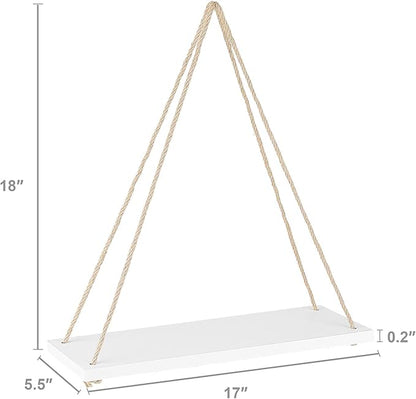 Mkono Wood Hanging Shelves for Wall Boho Decor Swing Rope Rustic Floating Shelf, Set of 3 Wall Display Shelving Home Organizer Rack for Living Room Bedroom Bathroom Kitchen,White