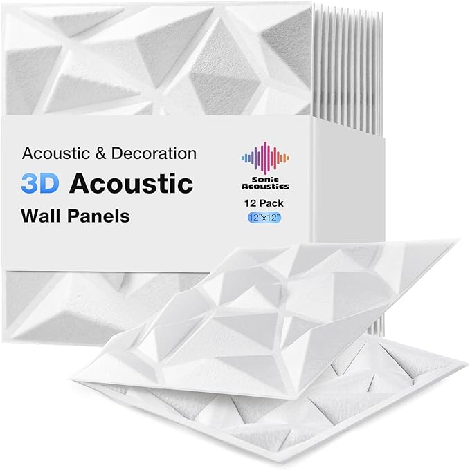 Acoustic 3D Wall Panels, 12 Pack Square Sound Proof Panels for Interior Wall Décor, Hollow Sound Absorbing Panel for Studio, Living Room, Home, Hotel, 12''x12'' Cover 12 sq ft, Thin style, White