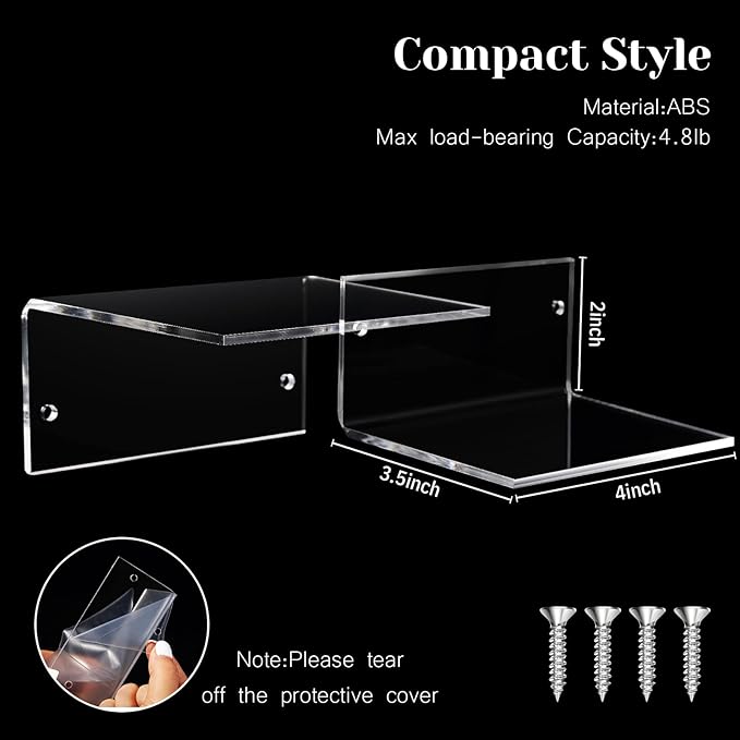10 Pieces Small Floating Shelves for Wall 4'' Acrylic Mini Wall Shelf Acrylic Display Shelf Clear Hanging Shelves Room Decor for Bedroom, Bathroom, Living Room, Office