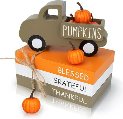 Fall Table Decor, Farmhouse Wooden Fall Signs with Book Stack, 3D Truck and 5 Individual Pumpkins for Tiered Tray, Coffee Bar, Shelf and Mantle Decor - Fall Decorations for Home