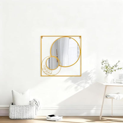 Gold Wall Mounted Mirror Set, Golden Metal Framed Square Mirror Modern Art Mirrors for Bedroom Living Room Bathroom 24x24 Inch Decor