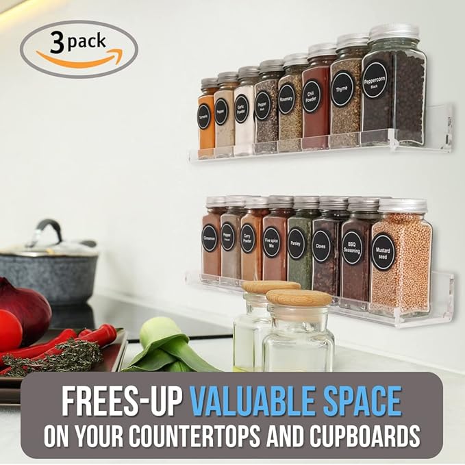 Wall Mounted Spice Rack Shelves [3-Pack] - Clear Acrylic 15